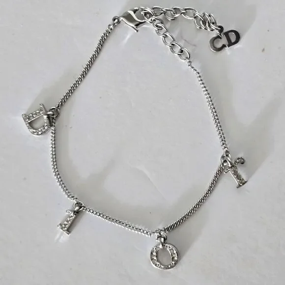 CHRISTIAN DIOR Women's Rhinestone Charm Adjustable Chain Silver Metal Bracelet - Picture 3 of 5